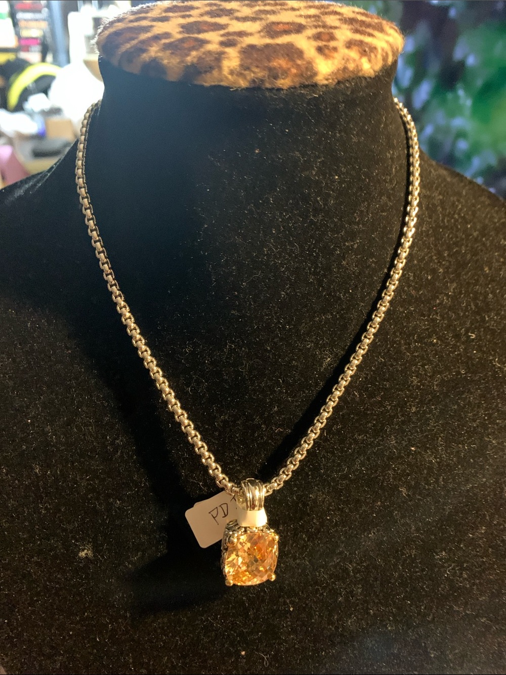 Label PDI Silver Tone Chain & Brilliant Cut Champagne Stone Pendant